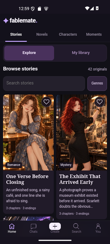FableMate app showing stories and their descriptions